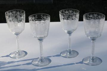 vintage Tiffin etched glass water or wine glasses, Cordelia pattern goblets set of four