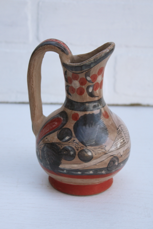 vintage Tonala Mexican pottery small pitcher souvenir, burnished clay w/ hand painted white dove