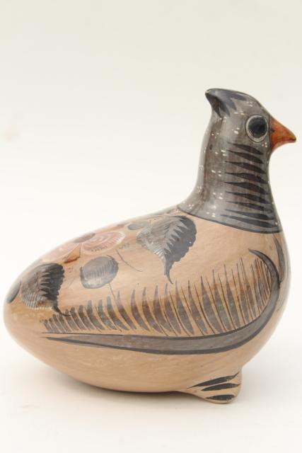 vintage Tonela Mexico pottery bird, hand painted crested dove or pigeon, or quail?