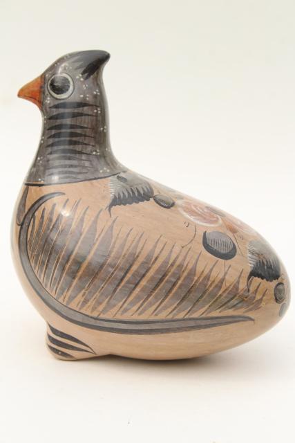 vintage Tonela Mexico pottery bird, hand painted crested dove or pigeon, or quail?