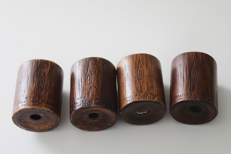vintage Treasure Craft Hawaii S&P shakers, retro brown wood grain ceramic salt and pepper