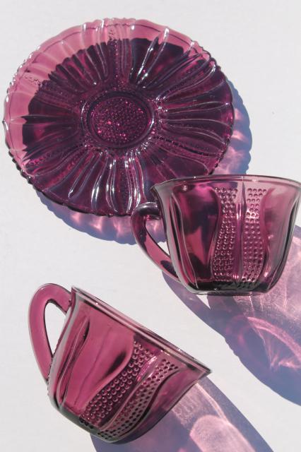 vintage Tulip Dell pattern glass dishes, amethyst purple colored glass plates, cups & saucers