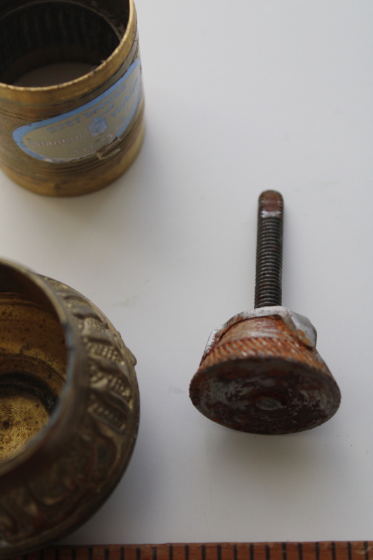 vintage Turkish brass spice mill, tiny burr mill hand crank grinder for coffee, pepper, spices