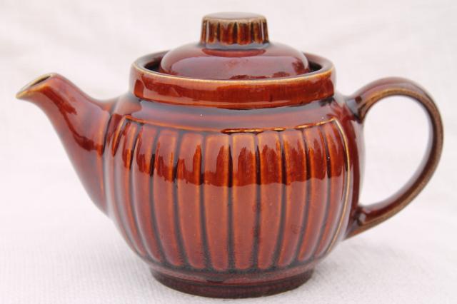 vintage USA McCoy pottery tea pot, rustic primitive little old brown teapot