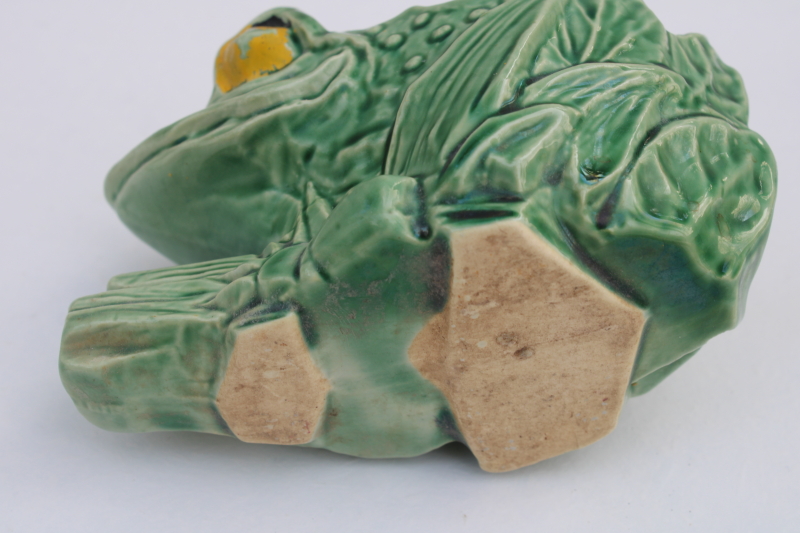 vintage USA ceramic frog planter, McCoy pottery yellow eyed alligator look frog flower pot