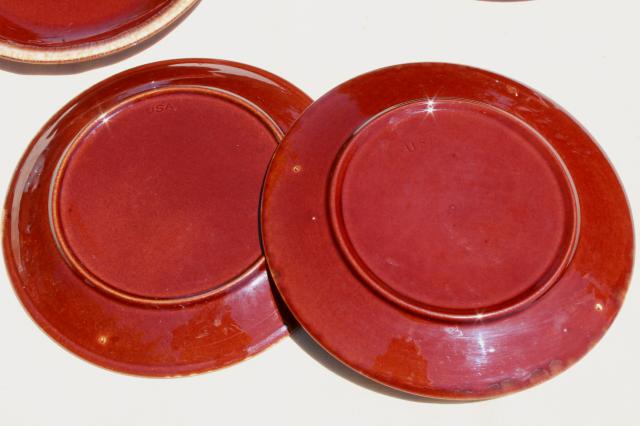vintage USA pottery, brown drip glaze dinner plates lot of 4