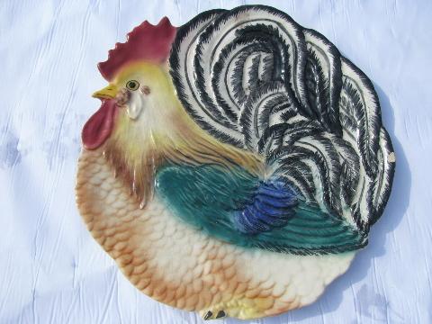 vintage USA pottery hand-painted rooster chicken cake or serving plate, 6 small plates