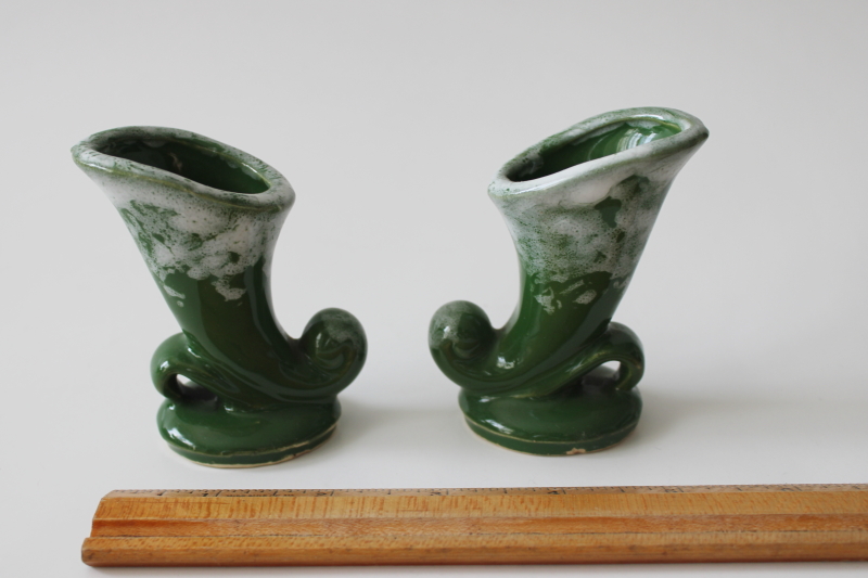 vintage USA pottery, pair of mini horn shaped ceramic vases mid century dime store