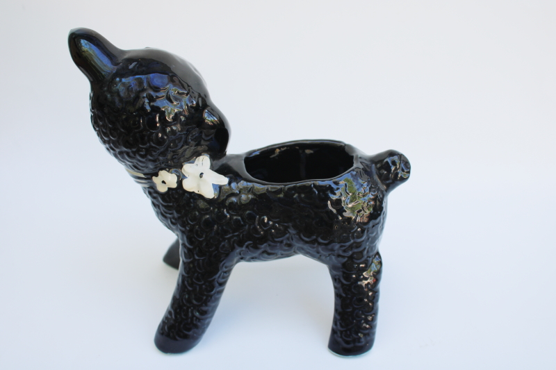 vintage USA pottery planter, little lamb smiley black sheep hand painted ceramic