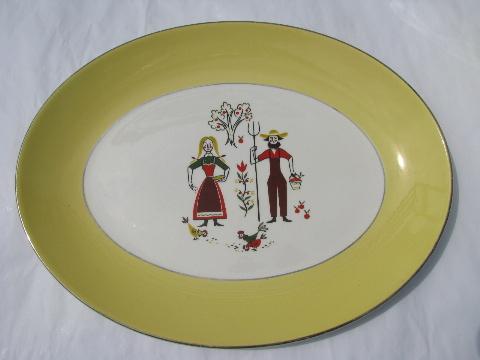 vintage USA pottery serving pieces, farm folk couple, country kitchen dishes