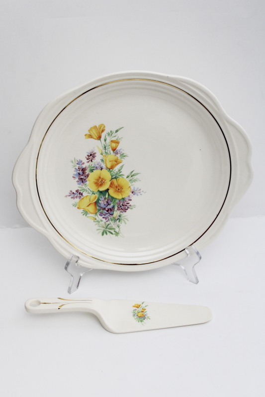 vintage Universal pottery cake plate  server, California poppies  lupines floral