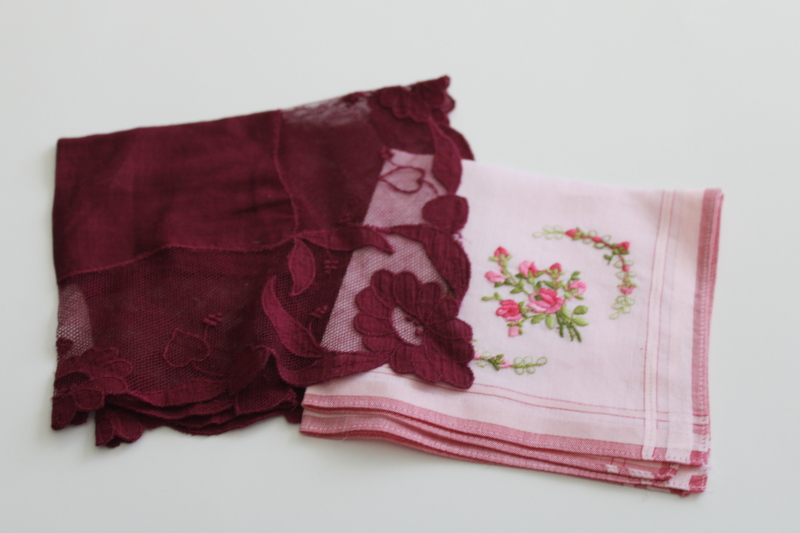 vintage Valentines day hankies, embroidered flowers on pink, burgundy cotton heart lace