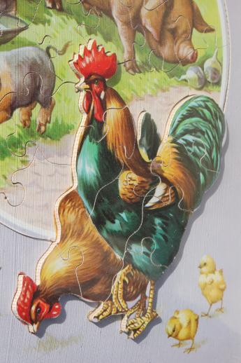 vintage Victory / JW Spear wood jigsaw puzzle, farm scene hen & rooster Stepping Ou
