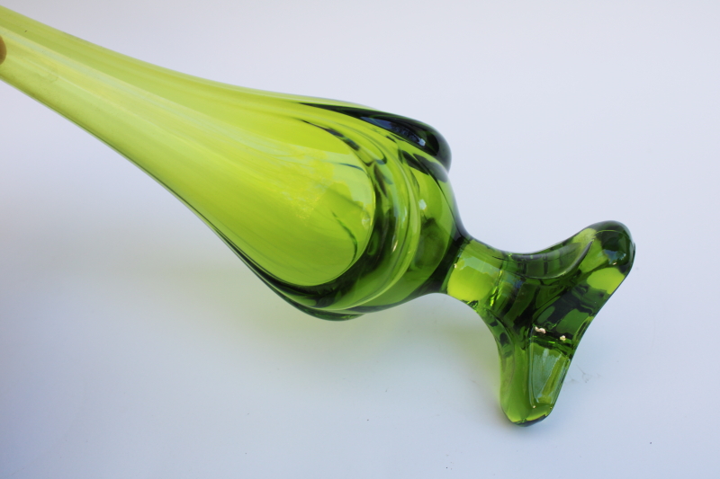 vintage Viking art glass swung vase, Epic drape retro moss lime green glass bud vase