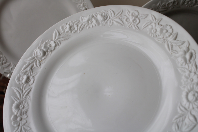 vintage Vitrock milk glass dinner plates w/ embossed floral border, white depression glass