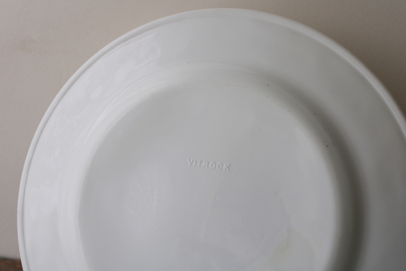 vintage Vitrock milk glass dinner plates w/ embossed floral border, white depression glass