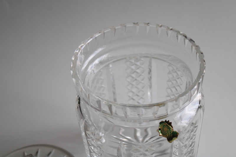 vintage Waterford cut crystal biscuit jar w/ lid, Hibernia pattern made in Ireland w/ original foil label