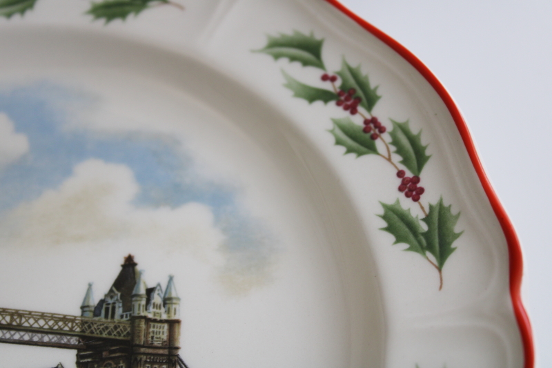 vintage Wedgwood Queens Ware Christmas plate, print holly border, Alan Price London Tower Bridge