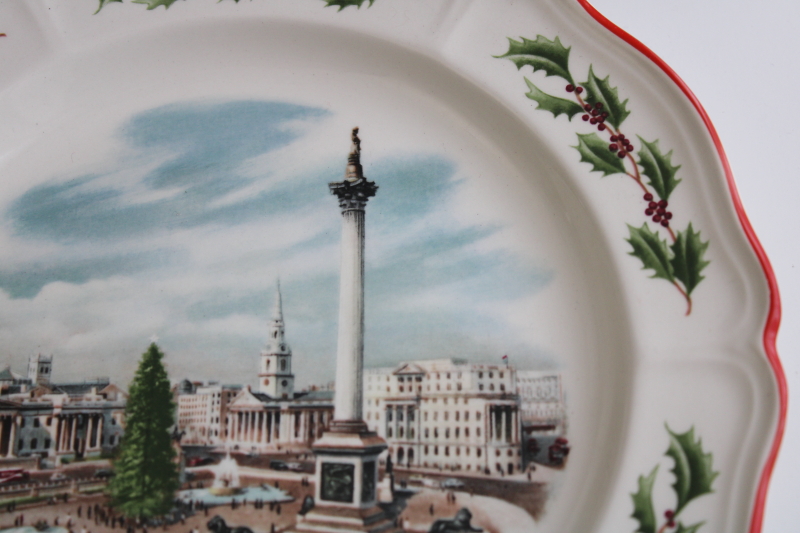 vintage Wedgwood Queens Ware Christmas plate, print holly border, Alan Price London Trafalgar Square