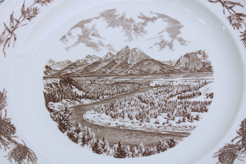 vintage Wedgwood china brown transferware plate, souvenir Wyoming Grand Teton National Park, Snake River