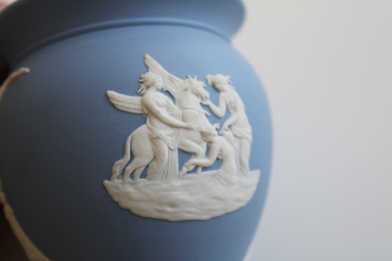 vintage Wedgwood jasperware, small vase w/ Pegasus  the three muses, lavender blue color