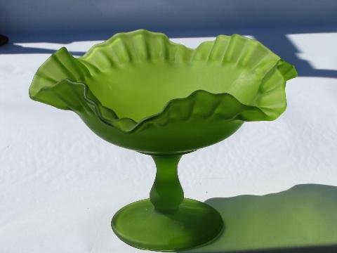 vintage Westmoreland lime green frosted satin glass ruffled candy dish or pedestal bowl
