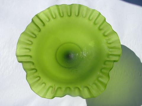 vintage Westmoreland lime green frosted satin glass ruffled candy dish or pedestal bowl