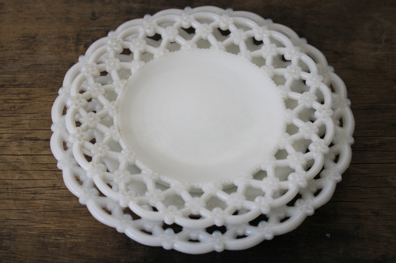 vintage Westmoreland milk glass plates, forget me not flower lattice open lace edge
