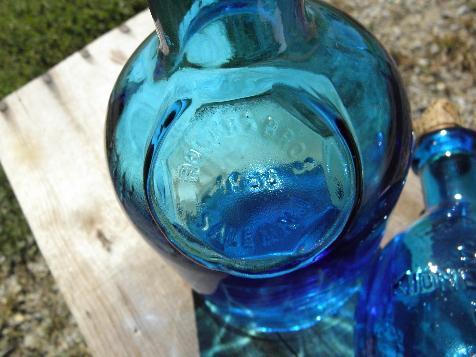 vintage Wheaton decanter bottles, blue glass medicine & liquor bottle lot