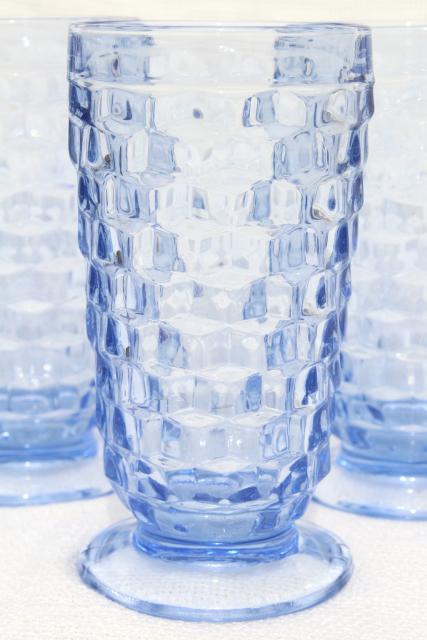 vintage Whitehall cube pattern footed tumblers, pale sapphire blue glass drinking glasses