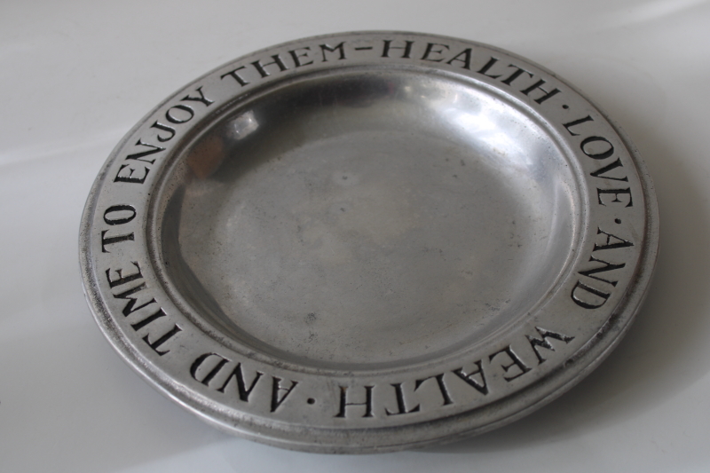 vintage Wilton Armetale RWP mark cast metal pewter plate, Health, Love  Wealth