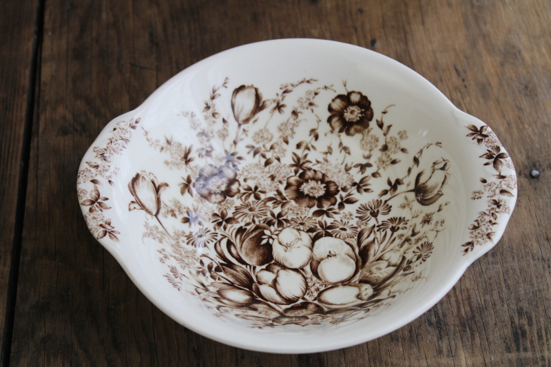 vintage Windsor Ware Johnson Bros Dover floral pattern brown transferware china, lug handle bowl