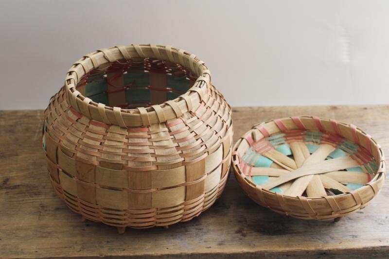vintage Winnebago basket, round sewing box w/ curly ash feet & crown lid