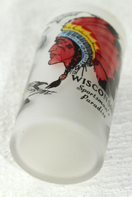 vintage Wisconsin souvenir hunting fishing sportsman camp drinking glass w/ Indian chief