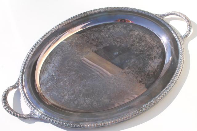 vintage Wm Rogers International silver plate waiter's tray, large serving tray w/ handles