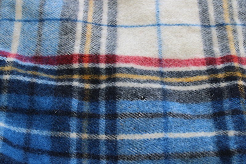 vintage Wool O The West woven plaid camp blanket, all wool fringed throw blue red white tartan