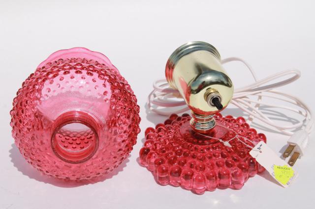 vintage Woolworth's tag pin up wall sconce lamp, cranberry glass pink stain hobnail glass