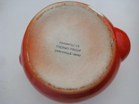 vintage Zanesville thermo-proof kitchen pottery, big orange tea or coffee pot