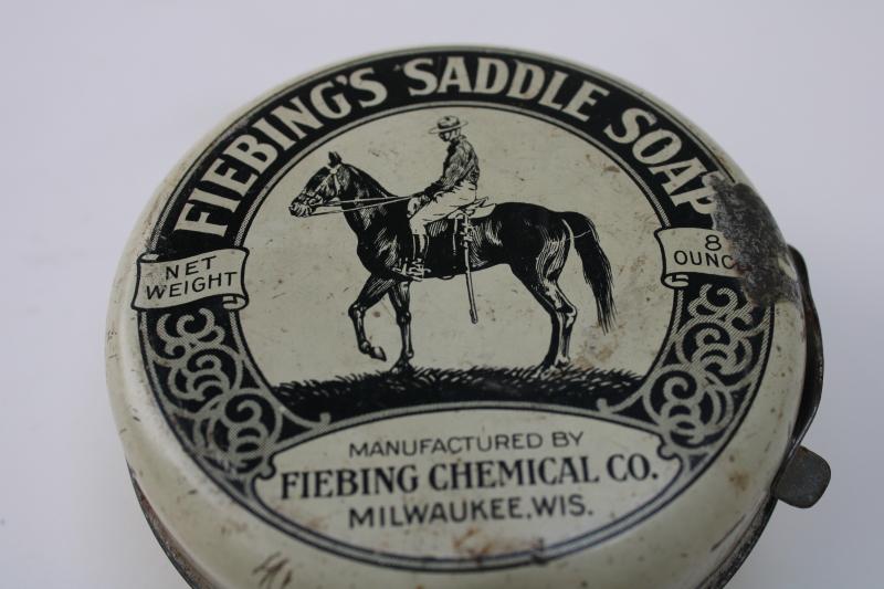 vintage advertising tin horse & rider graphics Fiebing Milwaukee Wisconsin