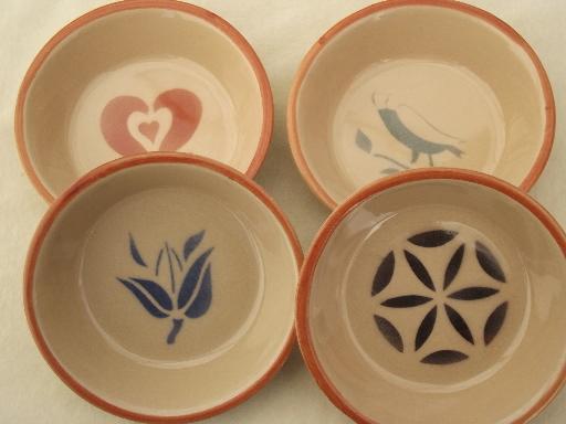 vintage airbrush adobe ware stoneware bowls, folk art stencil pattern