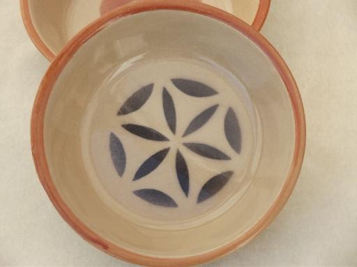 vintage airbrush adobe ware stoneware bowls, folk art stencil pattern