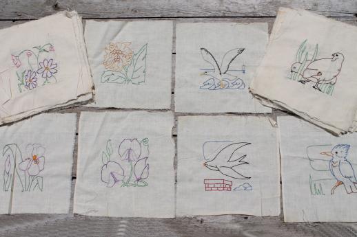 vintage album quilt blocks, hand-stitched embroidered cotton quilt squares birds & flowers