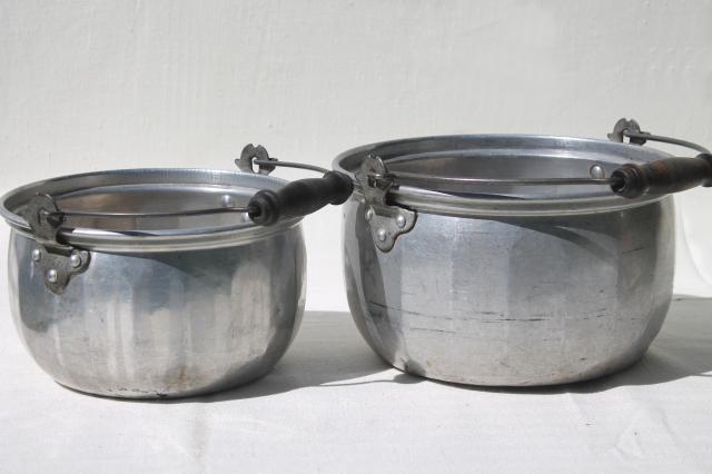 vintage aluminum jelly kettle pans or camping cook pots w/ wire bail handles