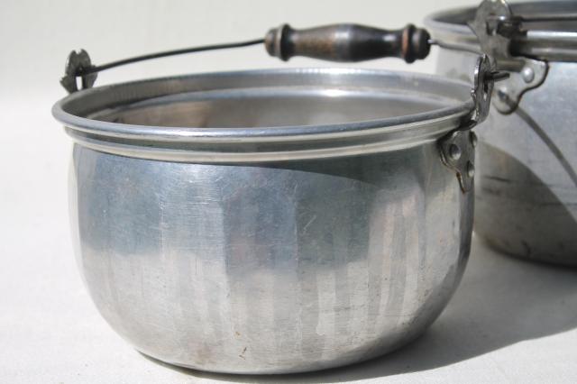 vintage aluminum jelly kettle pans or camping cook pots w/ wire bail handles