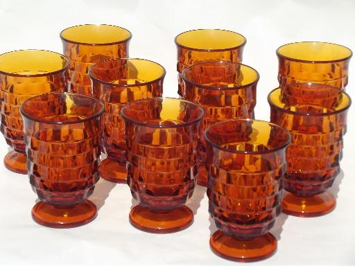 vintage amber glass Whitehall cube juice glasses, 10 footed tumblers