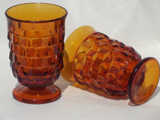 vintage amber glass Whitehall cube juice glasses, 10 footed tumblers
