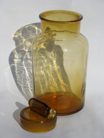 vintage amber glass apothecary canister jar, large bottle w/ ground stopper