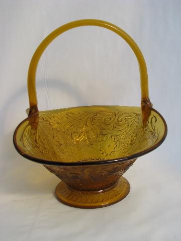 vintage amber glass bride's basket, Indiana daisy pattern sandwich glass