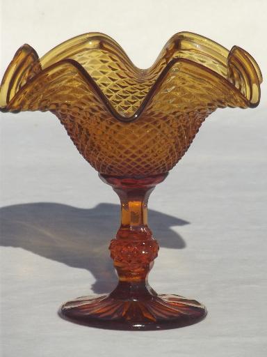 vintage amber glass candy bowl, pressed glass pedestal dish dessert stand