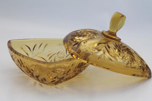 vintage amber glass candy dish or covered box, Indiana pinwheel pattern glass